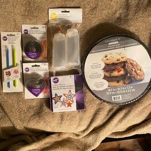 Cooling rack, cookie cutters, squeeze bottles, cut out sets, modeling stick set